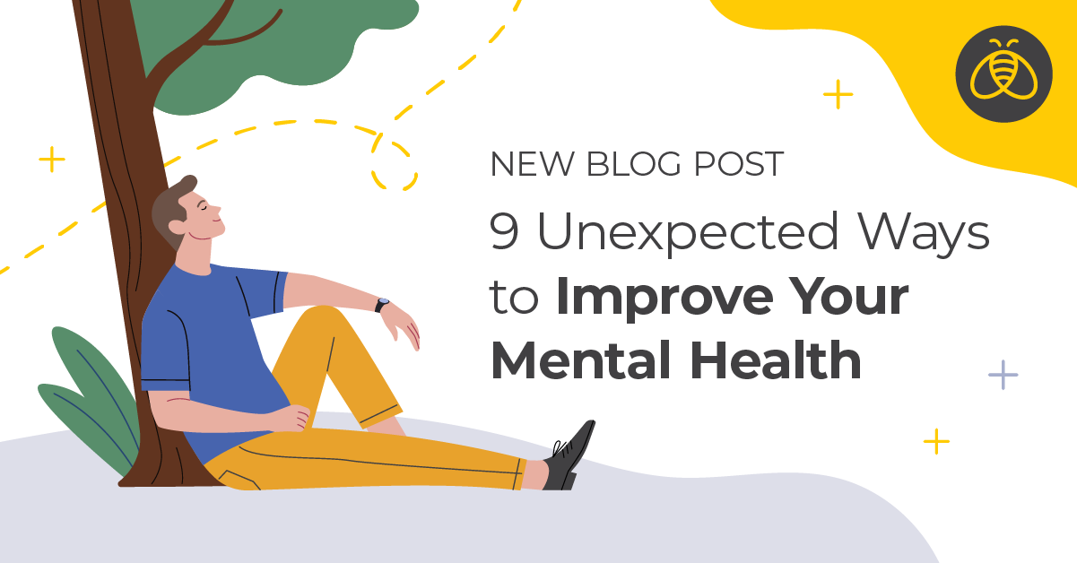 9 unexpected ways to improve your mental health. Animated image of man sitting and leaning against a tree with his eyes closed.
